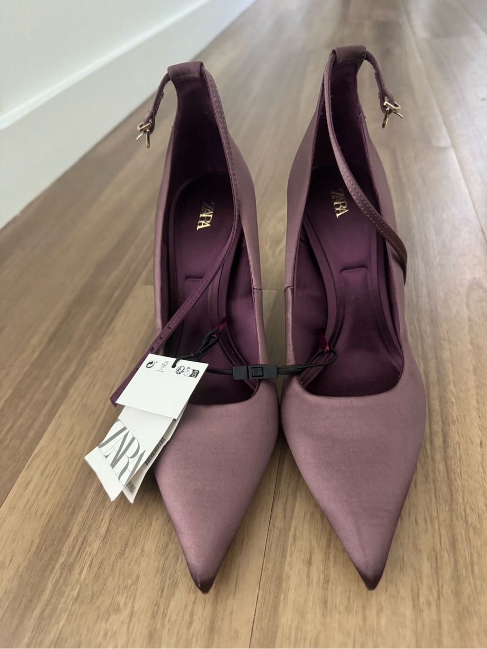 ZARA Satin Pointed Ankle-Strap Pumps in Plum